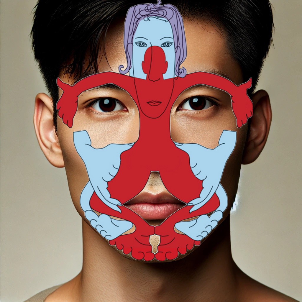 Visage d'un homme vietnamien illustré d'un schéma de réflexologie faciale Dien Chan