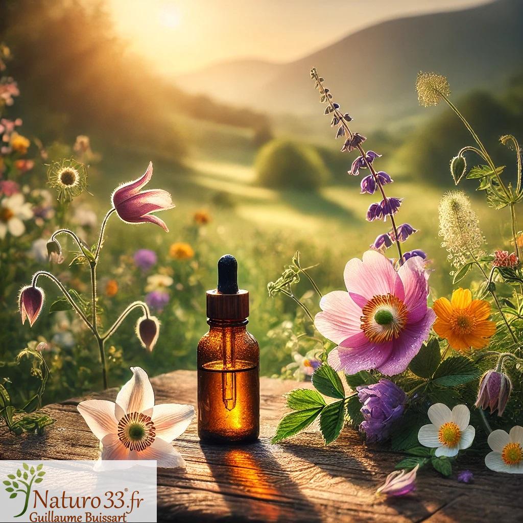 Flacon ambré d'élixir floral posé sur une table parmi des fleurs dans un cadre naturel et montagneux pour illustrer les élixirs floraux.