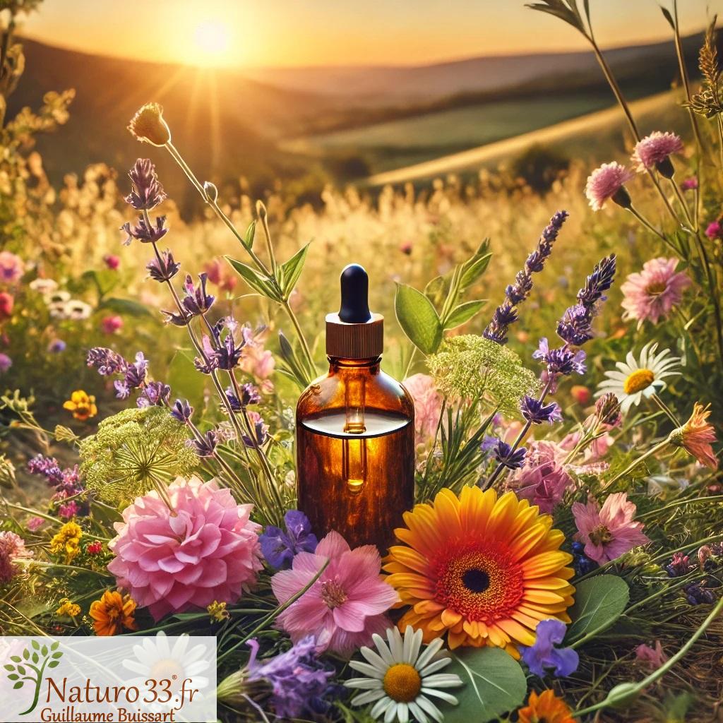 Flacon d'élixir floral en pleine nature entouré de fleurs sauvages, introduisant la formation fleurs de Bach & Deva