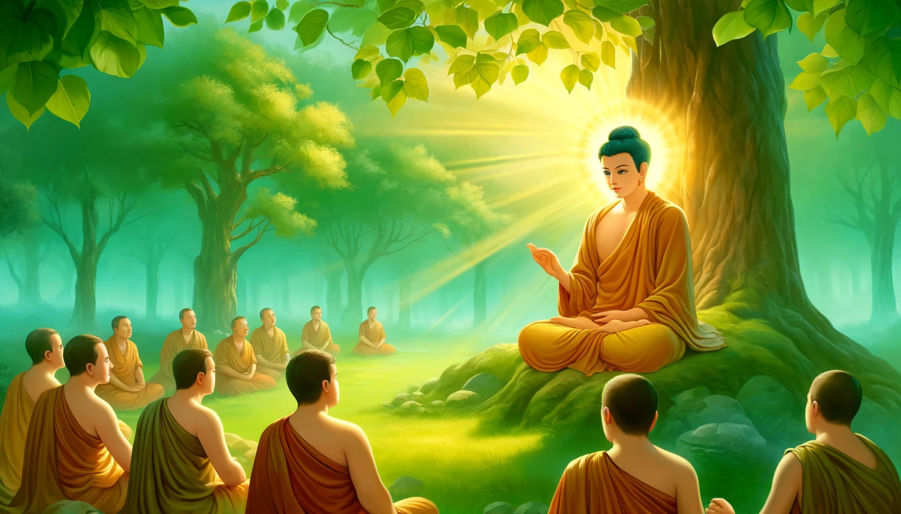 Image illustrant le Bouddha historique Siddhartha Gautama assis dos à l'arbre de la Boddhi, enseignant sa philosophie à un groupe de moines