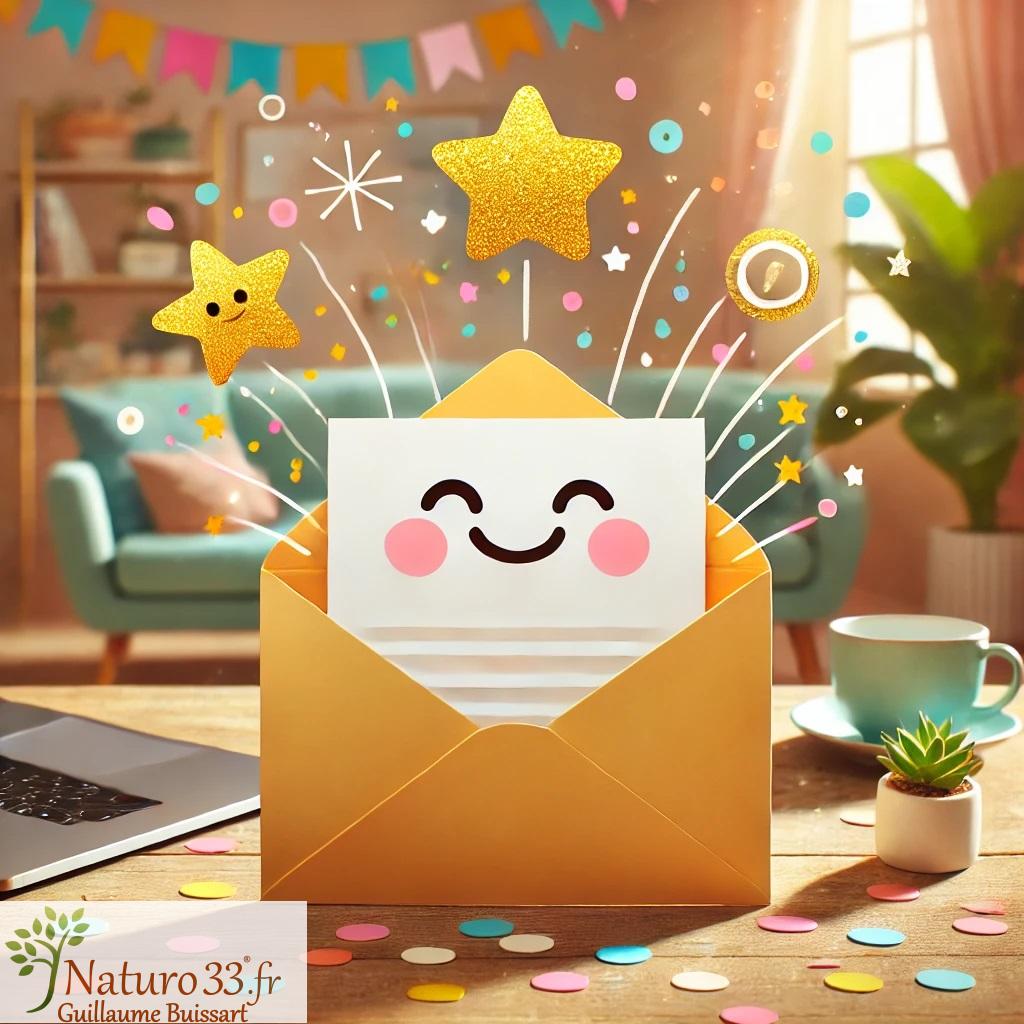 Enveloppe ouverte avec un courrier souriant :) Annonce de l'arrivée d'une nouvelle newsletter