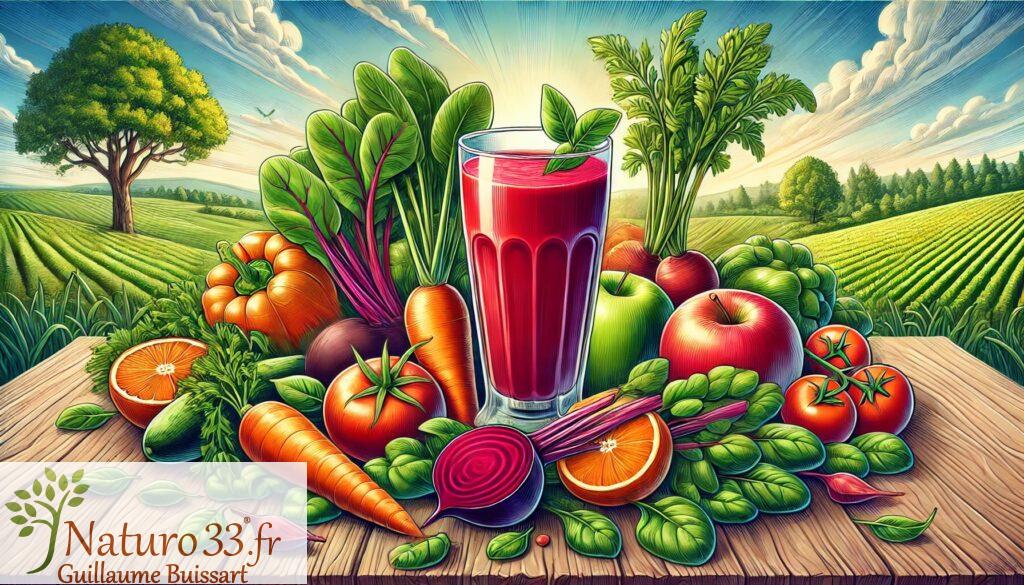 Jus de légumes entouré de légumes frais dans un champ